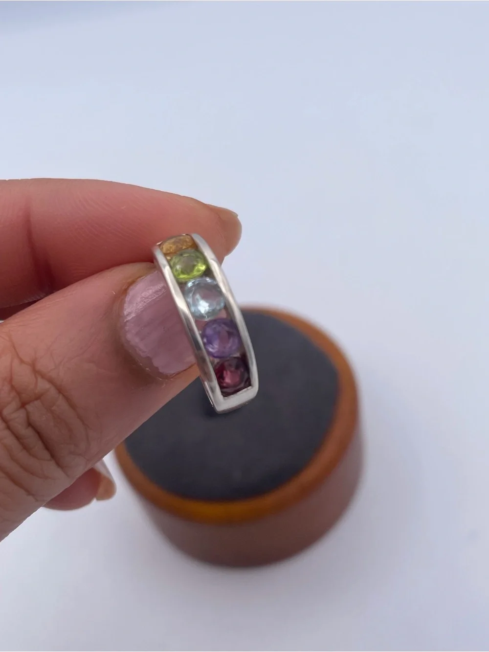 Vintage 925 Sterling Silver Rainbow Multi Gemstone Channel Band Ring Size 8